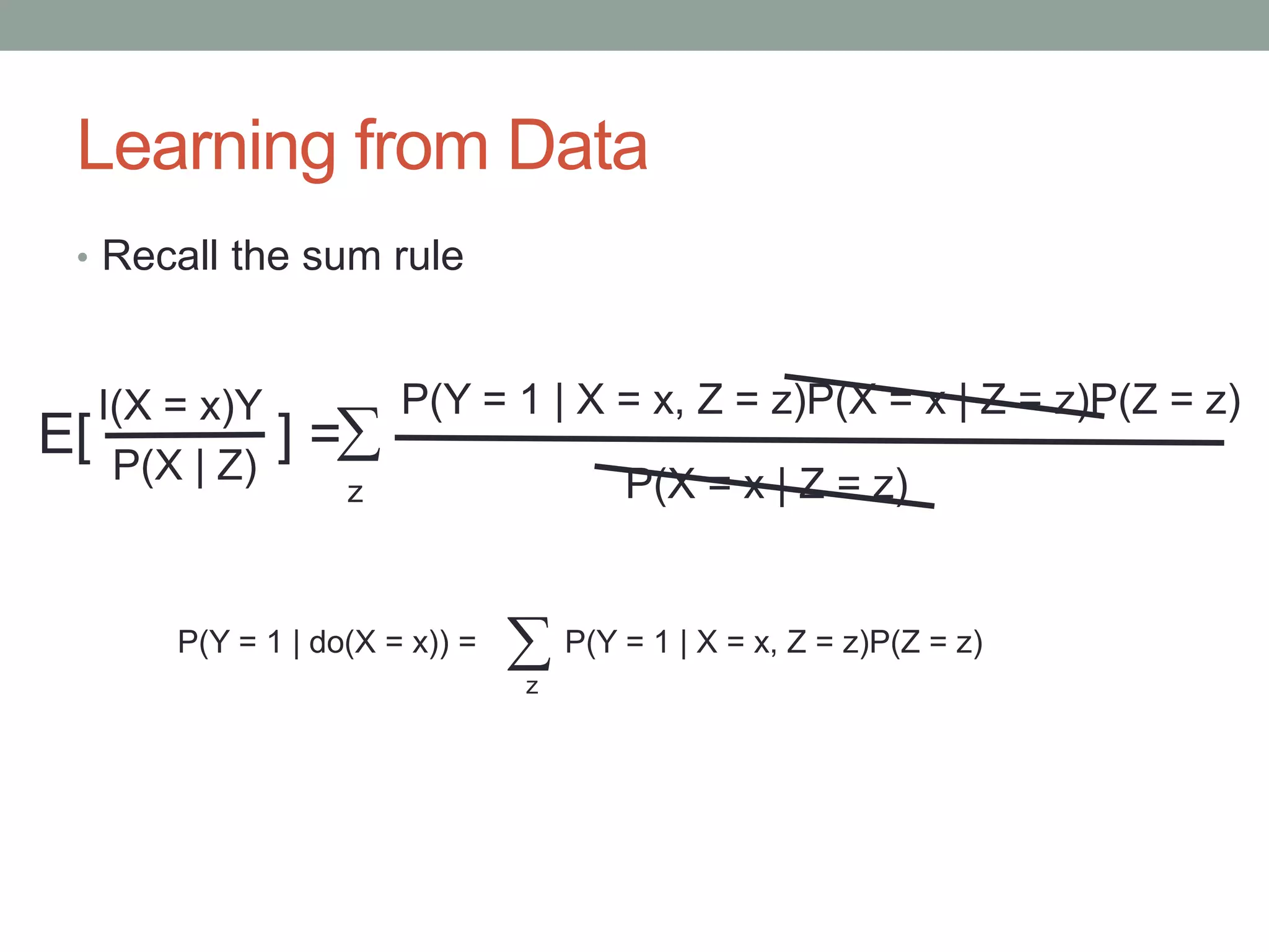 Learning from Data
• Recall the sum rule
P(Y = 1 | X = x, Z = z)P(X = x | Z = z)P(Z = z)

z
I(X = x)Y
P(X | Z)
E[ ] =
P(X = x | Z = z)
P(Y = 1 | do(X = x)) = P(Y = 1 | X = x, Z = z)P(Z = z)
z
 