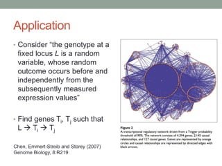 Application
• Consider “the genotype at a
fixed locus L is a random
variable, whose random
outcome occurs before and
independently from the
subsequently measured
expression values”
• Find genes Ti, Tj such that
L  Ti  Tj
Chen, Emmert-Streib and Storey (2007)
Genome Biology, 8:R219
 