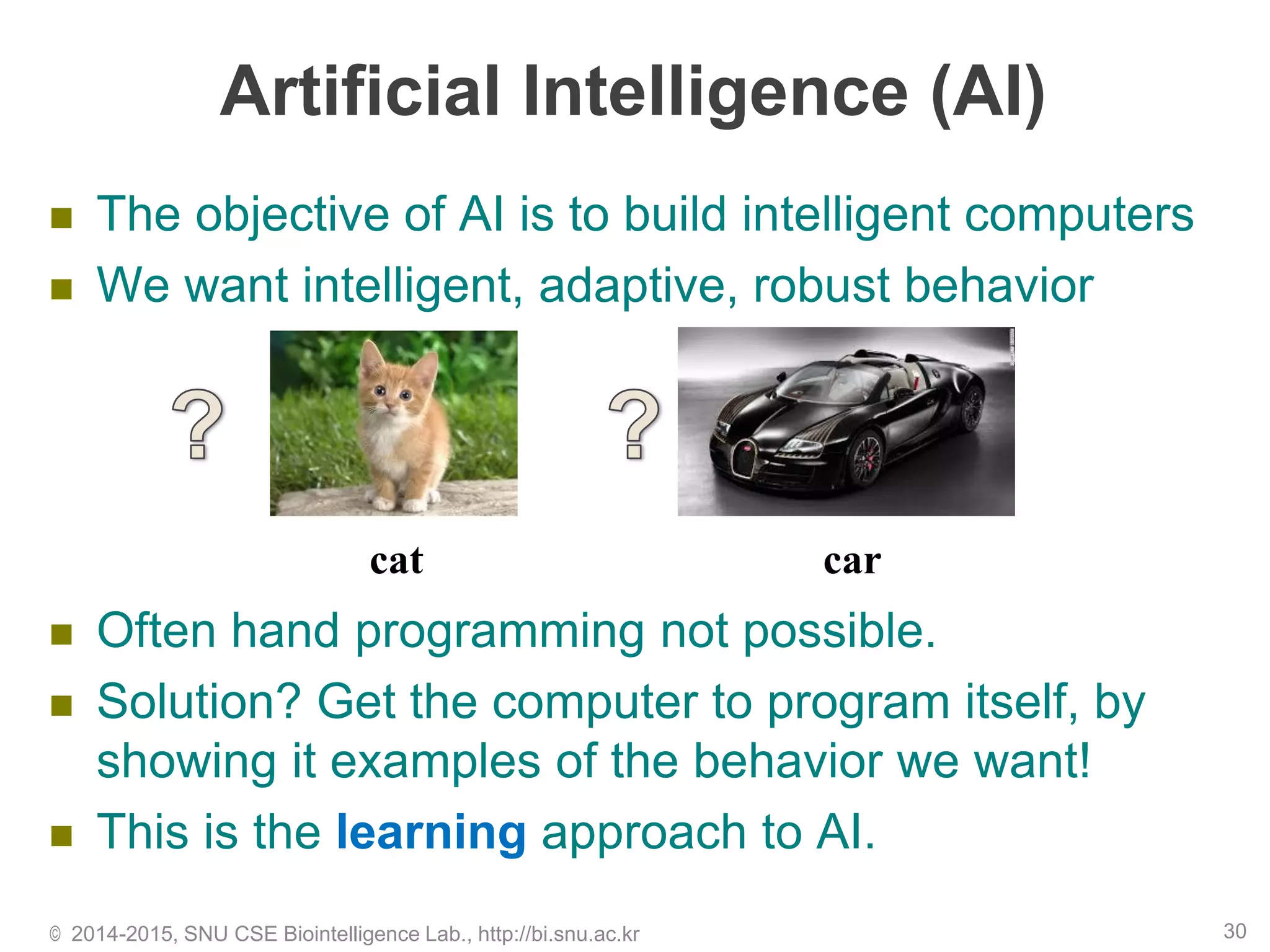 Artificial Intelligence (AI)
 The objective of AI is to build intelligent computers
 We want intelligent, adaptive, robust behavior
 Often hand programming not possible.
 Solution? Get the computer to program itself, by
showing it examples of the behavior we want!
 This is the learning approach to AI.
© 2014-2015, SNU CSE Biointelligence Lab., http://bi.snu.ac.kr 30
cat car
 