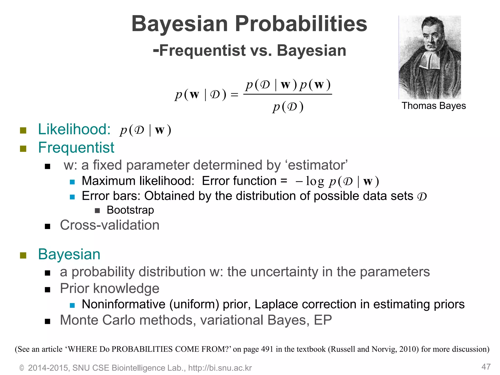 Bayesian Probabilities
-Frequentist vs. Bayesian
 Likelihood:
 Frequentist
 w: a fixed parameter determined by ‘estimator’
 Maximum likelihood: Error function =
 Error bars: Obtained by the distribution of possible data sets
 Bootstrap
 Cross-validation
 Bayesian
 a probability distribution w: the uncertainty in the parameters
 Prior knowledge
 Noninformative (uniform) prior, Laplace correction in estimating priors
 Monte Carlo methods, variational Bayes, EP
© 2014-2015, SNU CSE Biointelligence Lab., http://bi.snu.ac.kr 47
( | ) ( )
( | )
( )
p p
p
p

w w
w
D
D
D
( | )p wD
log ( | )p wD
D
Thomas Bayes
(See an article ‘WHERE Do PROBABILITIES COME FROM?’ on page 491 in the textbook (Russell and Norvig, 2010) for more discussion)
 