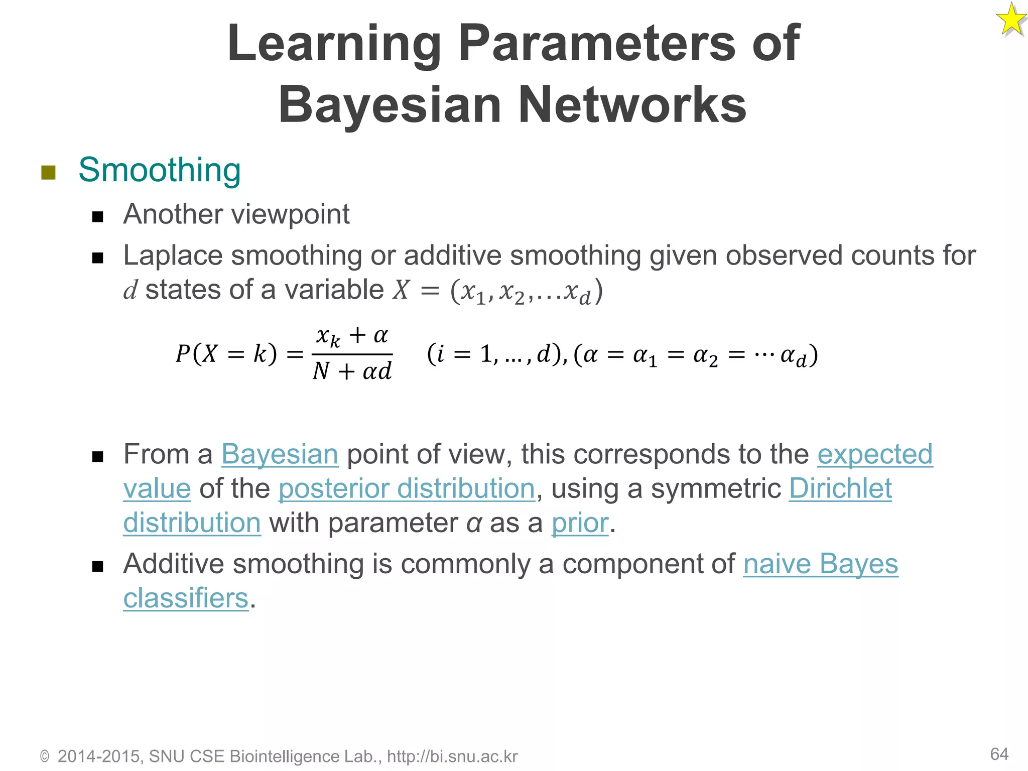 Learning Parameters of
Bayesian Networks
 Smoothing
 Another viewpoint
 Laplace smoothing or additive smoothing given observed counts for
d states of a variable 𝑋 = (𝑥1, 𝑥2,…𝑥 𝑑)
 From a Bayesian point of view, this corresponds to the expected
value of the posterior distribution, using a symmetric Dirichlet
distribution with parameter α as a prior.
 Additive smoothing is commonly a component of naive Bayes
classifiers.
© 2014-2015, SNU CSE Biointelligence Lab., http://bi.snu.ac.kr 64
𝑃 𝑋 = 𝑘 =
𝑥 𝑘 + 𝛼
𝑁 + 𝛼𝑑
𝑖 = 1, … , 𝑑 , (𝛼 = 𝛼1 = 𝛼2 = ⋯ 𝛼 𝑑)
 