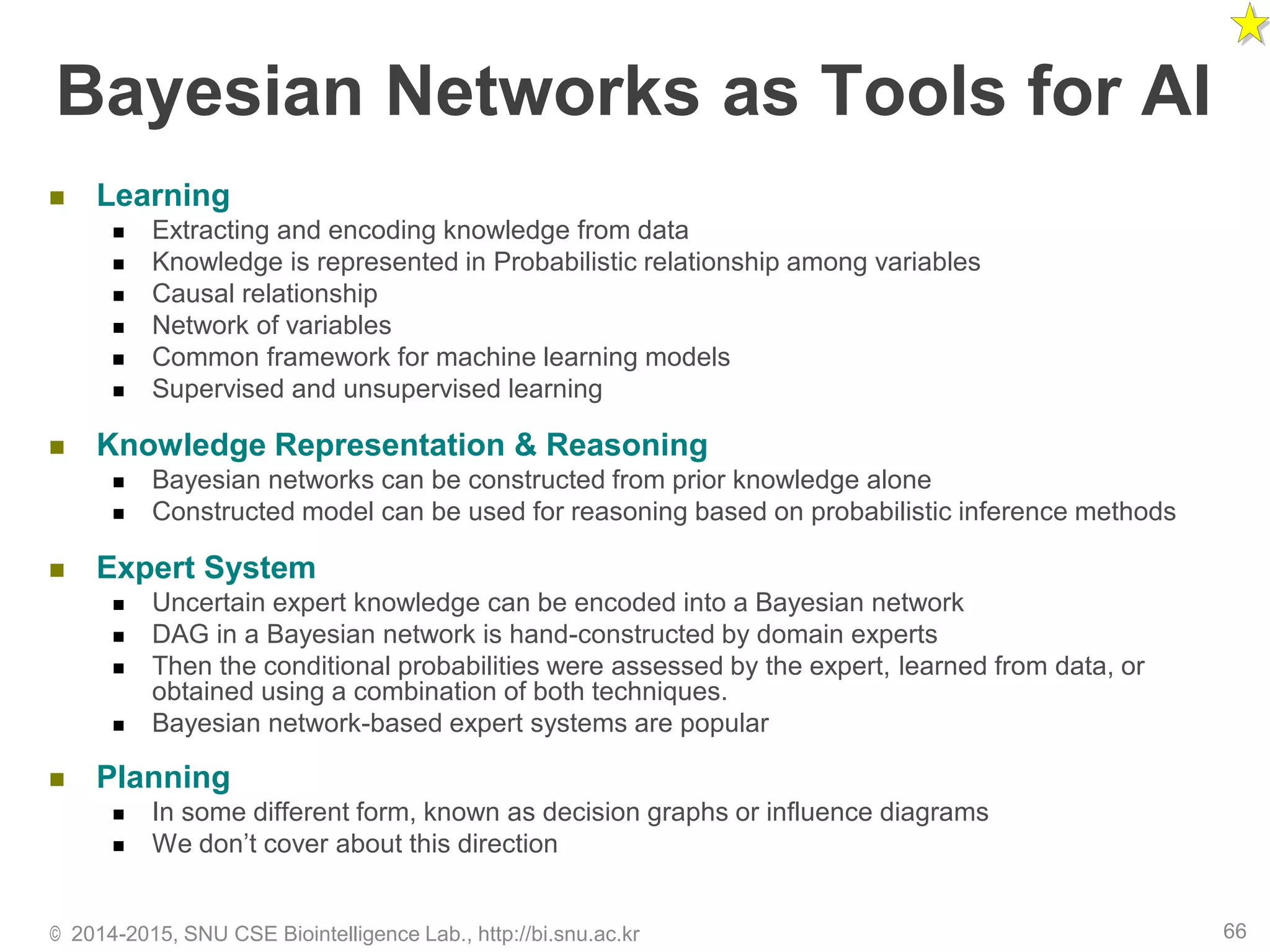 Bayesian Networks as Tools for AI
 Learning
 Extracting and encoding knowledge from data
 Knowledge is represented in Probabilistic relationship among variables
 Causal relationship
 Network of variables
 Common framework for machine learning models
 Supervised and unsupervised learning
 Knowledge Representation & Reasoning
 Bayesian networks can be constructed from prior knowledge alone
 Constructed model can be used for reasoning based on probabilistic inference methods
 Expert System
 Uncertain expert knowledge can be encoded into a Bayesian network
 DAG in a Bayesian network is hand-constructed by domain experts
 Then the conditional probabilities were assessed by the expert, learned from data, or
obtained using a combination of both techniques.
 Bayesian network-based expert systems are popular
 Planning
 In some different form, known as decision graphs or influence diagrams
 We don’t cover about this direction
© 2014-2015, SNU CSE Biointelligence Lab., http://bi.snu.ac.kr 66
 