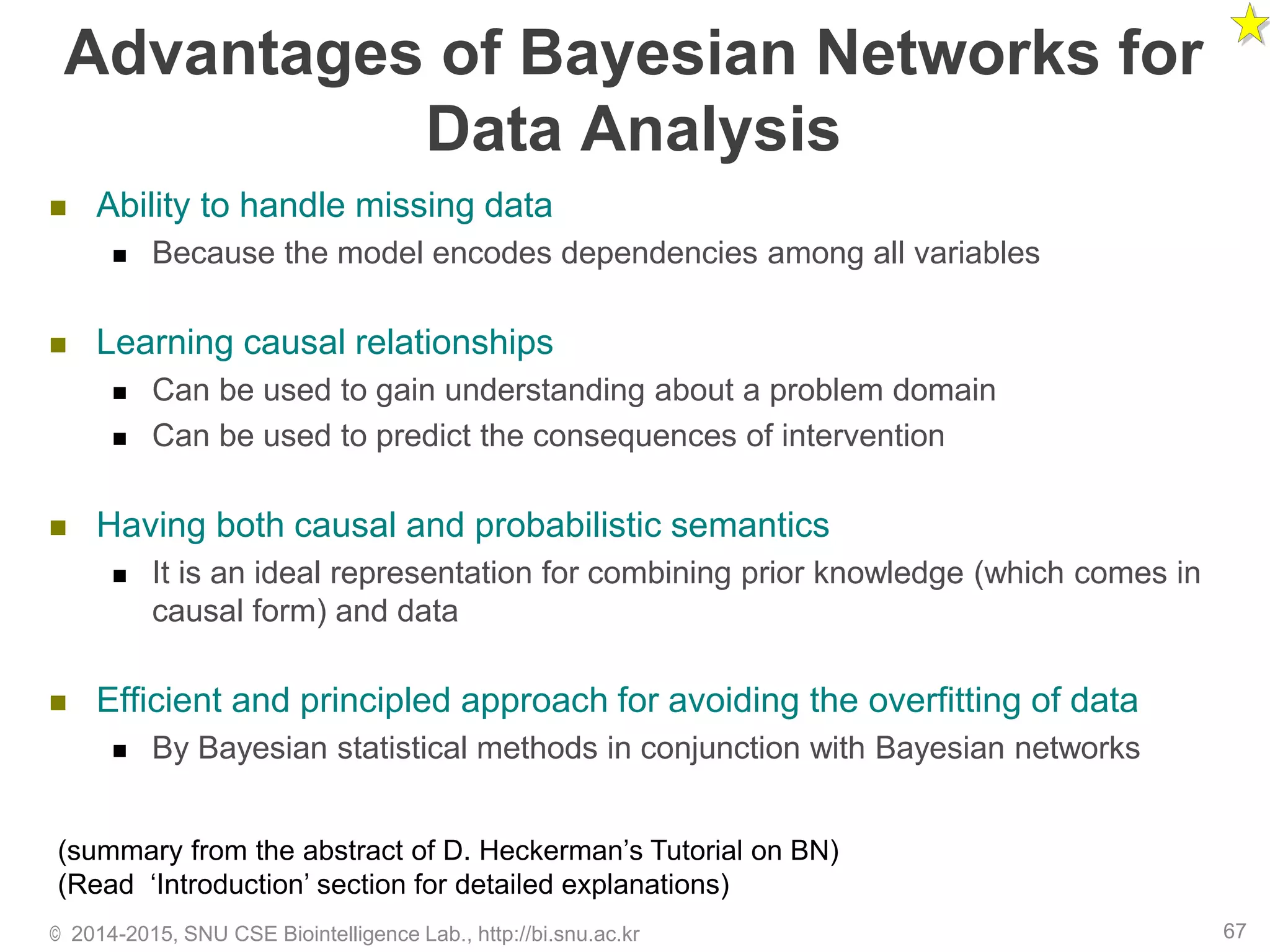 Advantages of Bayesian Networks for
Data Analysis
 Ability to handle missing data
 Because the model encodes dependencies among all variables
 Learning causal relationships
 Can be used to gain understanding about a problem domain
 Can be used to predict the consequences of intervention
 Having both causal and probabilistic semantics
 It is an ideal representation for combining prior knowledge (which comes in
causal form) and data
 Efficient and principled approach for avoiding the overfitting of data
 By Bayesian statistical methods in conjunction with Bayesian networks
© 2014-2015, SNU CSE Biointelligence Lab., http://bi.snu.ac.kr 67
(summary from the abstract of D. Heckerman’s Tutorial on BN)
(Read ‘Introduction’ section for detailed explanations)
 