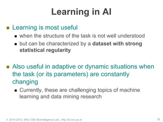 Learning in AI
 Learning is most useful
 when the structure of the task is not well understood
 but can be characterized by a dataset with strong
statistical regularity
 Also useful in adaptive or dynamic situations when
the task (or its parameters) are constantly
changing
 Currently, these are challenging topics of machine
learning and data mining research
© 2014-2015, SNU CSE Biointelligence Lab., http://bi.snu.ac.kr 35
 