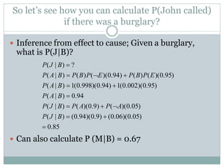 So let’s see how you can calculate P(John called)
if there was a burglary?
 Inference from effect to cause; Given a burglary,
what is P(J|B)?
 Can also calculate P (M|B) = 0.67
85.0
)05.0)(06.0()9.0)(94.0()|(
)05.0)(()9.0)(()|(
94.0)|(
)95.0)(002.0(1)94.0)(998.0(1)|(
)95.0)(()()94.0)(()()|(
?)|(







BJP
APAPBJP
BAP
BAP
EPBPEPBPBAP
BJP
 