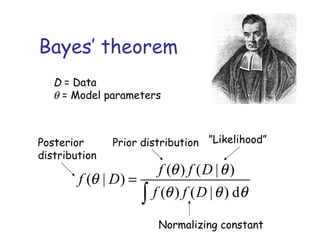 Bayes’ theorem
( ) ( | )
( | )
( ) ( | ) d
f f D
f D
f f D
θ θ
θ
θ θ θ
=
∫
Posterior
distribution
Prior distribution ”Likelihood”
Normalizing constant
D = Data
θ = Model parameters
 