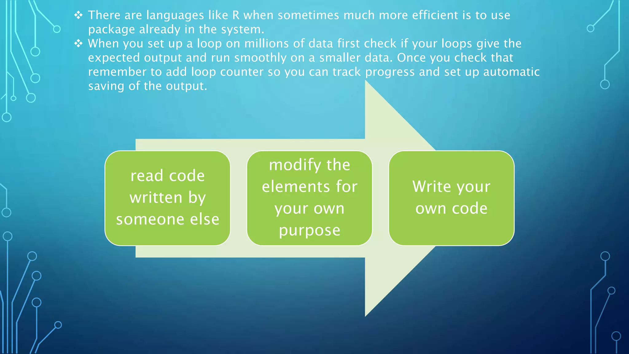 read code
written by
someone else
modify the
elements for
your own
purpose
Write your
own code
 There are languages like R when sometimes much more efficient is to use
package already in the system.
 When you set up a loop on millions of data first check if your loops give the
expected output and run smoothly on a smaller data. Once you check that
remember to add loop counter so you can track progress and set up automatic
saving of the output.
 