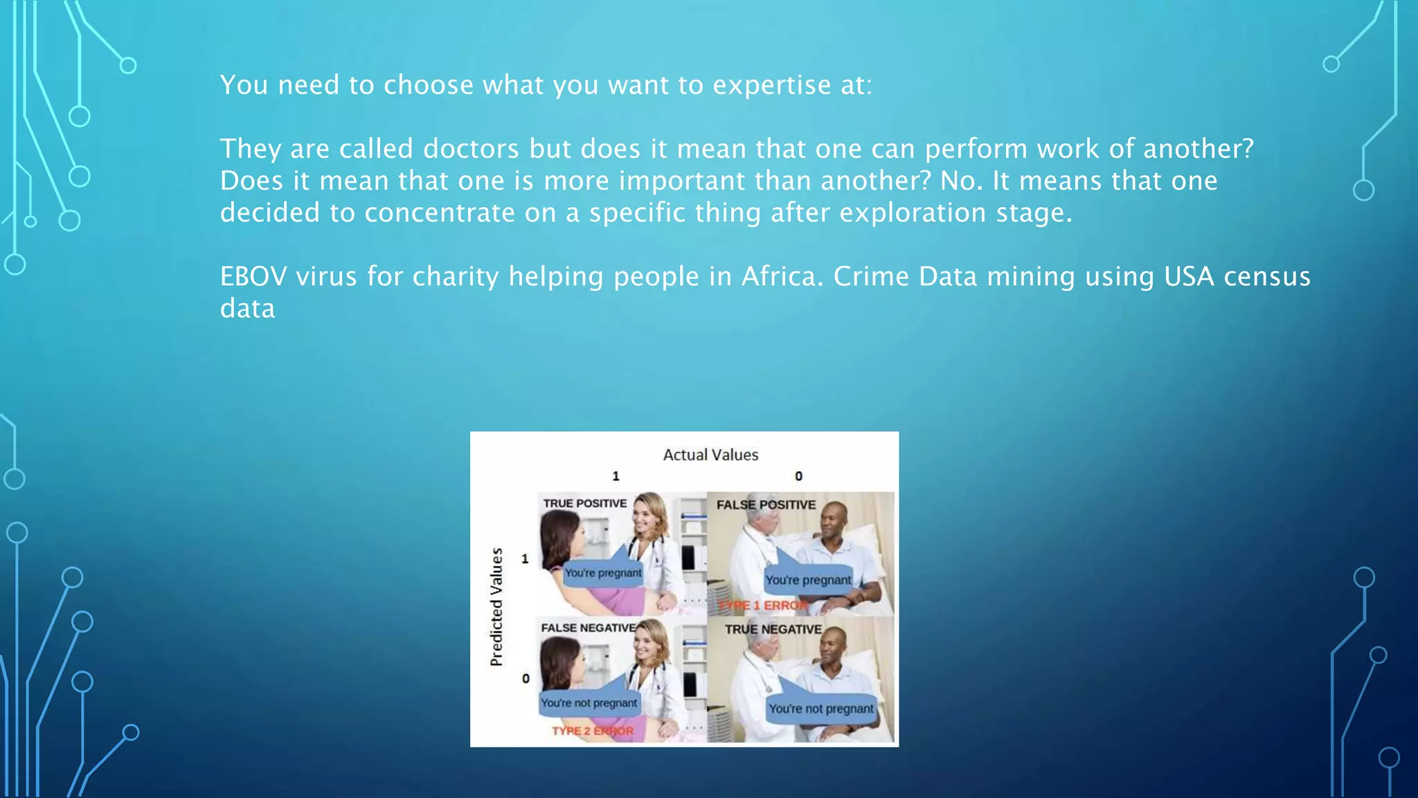 You need to choose what you want to expertise at:
They are called doctors but does it mean that one can perform work of another?
Does it mean that one is more important than another? No. It means that one
decided to concentrate on a specific thing after exploration stage.
EBOV virus for charity helping people in Africa. Crime Data mining using USA census
data
 