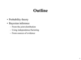 15
Outline
• Probability theory
• Bayesian inference
– From the joint distribution
– Using independence/factoring
– From sources of evidence
 