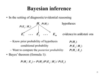 28
Bayesian inference
• In the setting of diagnostic/evidential reasoning
– Know prior probability of hypothesis
conditional probability
– Want to compute the posterior probability
• Bayes’ theorem (formula 1):
ons
anifestati
evidence/m
hypotheses
1 m
j
i
E
E
E
H
)
(
/
)
|
(
)
(
)
|
( j
i
j
i
j
i E
P
H
E
P
H
P
E
H
P 
)
( i
H
P
)
|
( i
j H
E
P
)
|
( i
j H
E
P
)
|
( j
i E
H
P
)
( i
H
P
… …
 