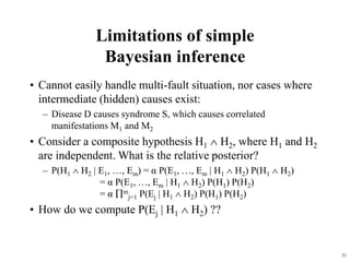 31
Limitations of simple
Bayesian inference
• Cannot easily handle multi-fault situation, nor cases where
intermediate (hidden) causes exist:
– Disease D causes syndrome S, which causes correlated
manifestations M1 and M2
• Consider a composite hypothesis H1  H2, where H1 and H2
are independent. What is the relative posterior?
– P(H1  H2 | E1, …, Em) = α P(E1, …, Em | H1  H2) P(H1  H2)
= α P(E1, …, Em | H1  H2) P(H1) P(H2)
= α m
j=1 P(Ej | H1  H2) P(H1) P(H2)
• How do we compute P(Ej | H1  H2) ??
 