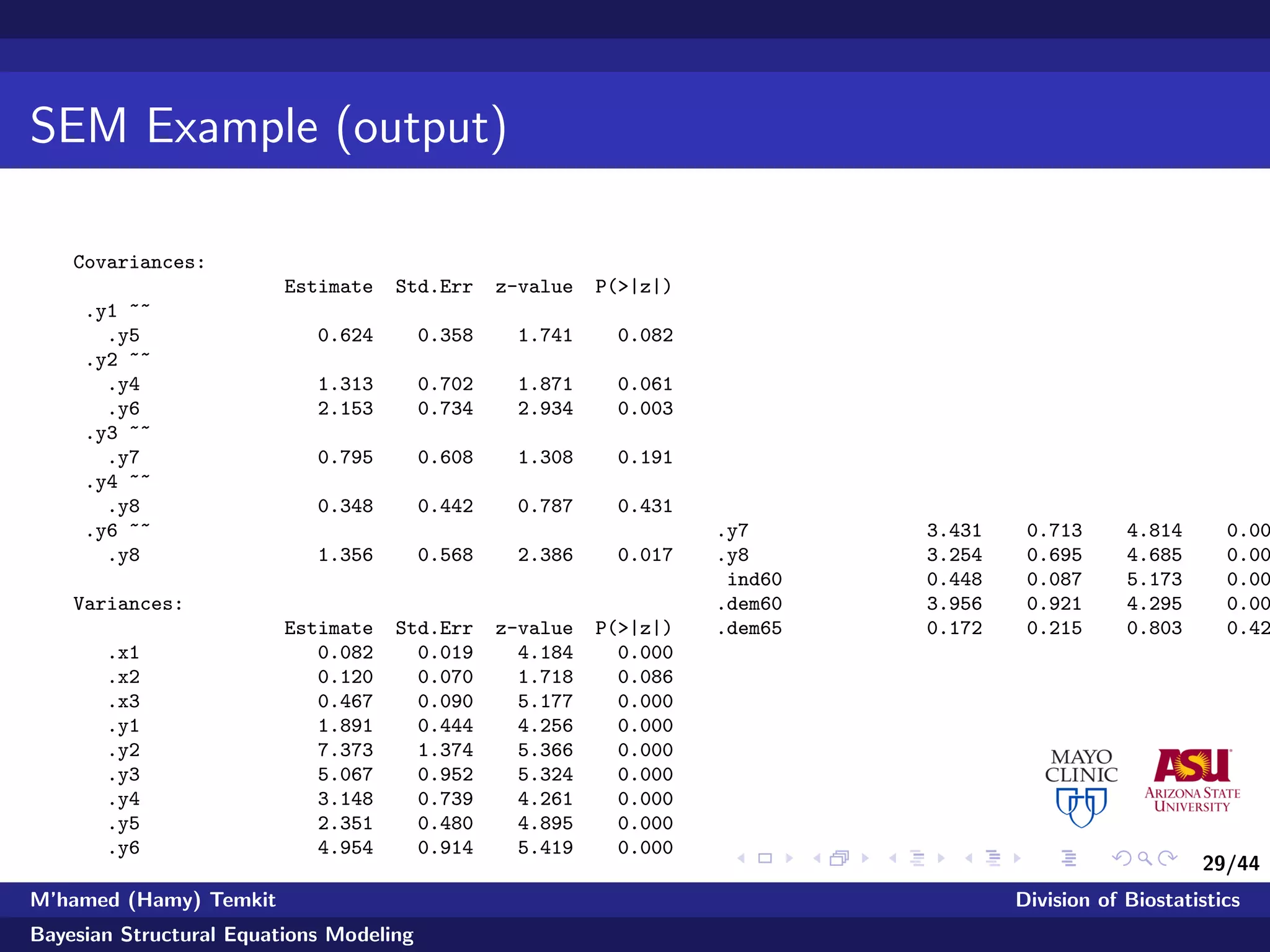 29/44
SEM Example (output)
Covariances:
Estimate Std.Err z-value P(>|z|)
.y1 ~~
.y5 0.624 0.358 1.741 0.082
.y2 ~~
.y4 1.313 0.702 1.871 0.061
.y6 2.153 0.734 2.934 0.003
.y3 ~~
.y7 0.795 0.608 1.308 0.191
.y4 ~~
.y8 0.348 0.442 0.787 0.431
.y6 ~~
.y8 1.356 0.568 2.386 0.017
Variances:
Estimate Std.Err z-value P(>|z|)
.x1 0.082 0.019 4.184 0.000
.x2 0.120 0.070 1.718 0.086
.x3 0.467 0.090 5.177 0.000
.y1 1.891 0.444 4.256 0.000
.y2 7.373 1.374 5.366 0.000
.y3 5.067 0.952 5.324 0.000
.y4 3.148 0.739 4.261 0.000
.y5 2.351 0.480 4.895 0.000
.y6 4.954 0.914 5.419 0.000
.y7 3.431 0.713 4.814 0.00
.y8 3.254 0.695 4.685 0.00
ind60 0.448 0.087 5.173 0.00
.dem60 3.956 0.921 4.295 0.00
.dem65 0.172 0.215 0.803 0.42
M’hamed (Hamy) Temkit Division of Biostatistics
Bayesian Structural Equations Modeling
 
