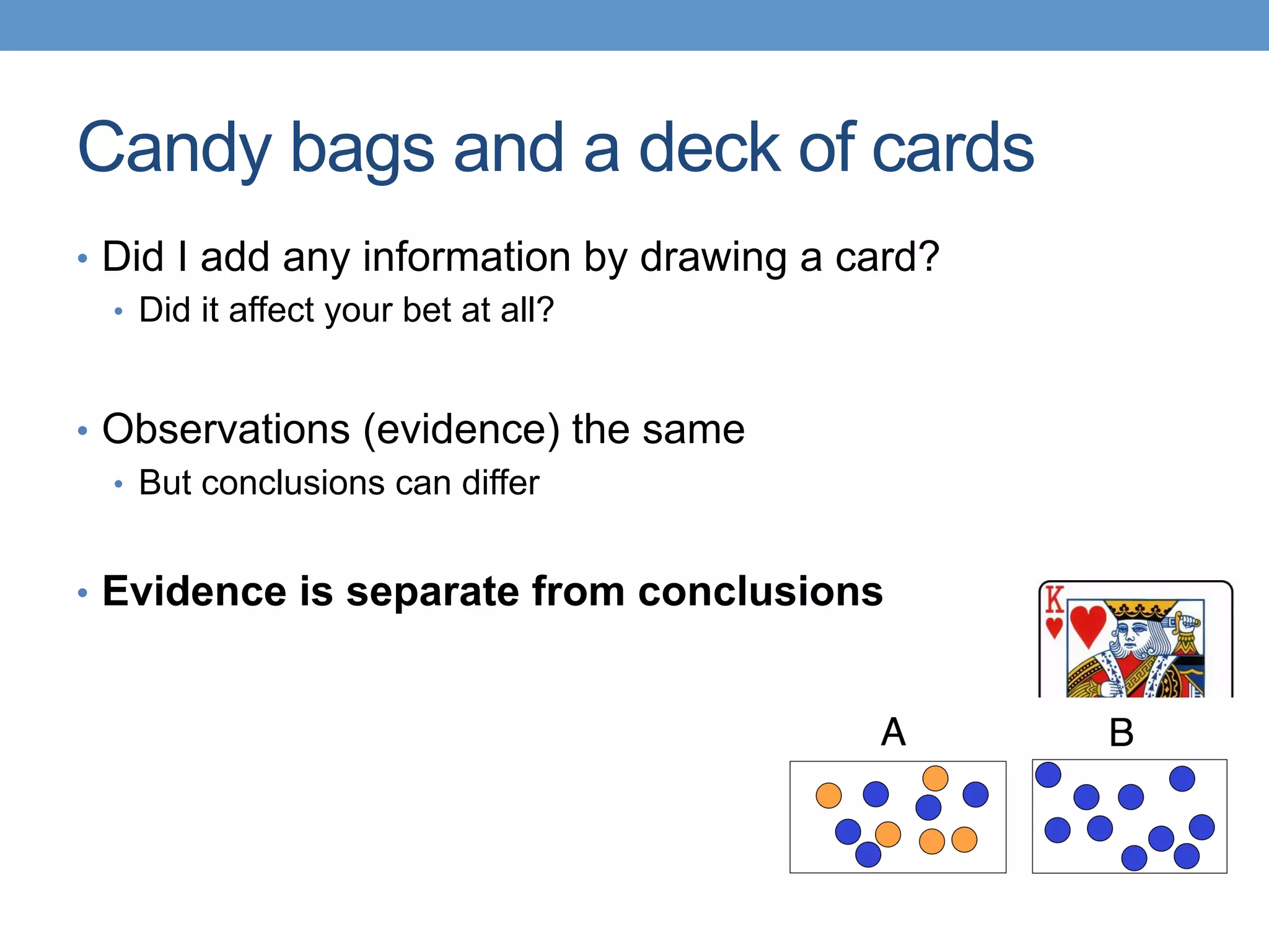 Candy bags and a deck of cards
•  Did I add any information by drawing a card?
•  Did it affect your bet at all?
•  Observations (evidence) the same
•  But conclusions can differ
•  Evidence is separate from conclusions
 