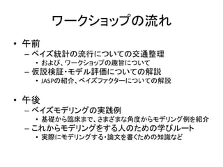 ワークショップの流れ
• 午前
– ベイズ統計の流行についての交通整理
• および、ワークショップの趣旨について
– 仮説検証・モデル評価についての解説
• JASPの紹介、ベイズファクターについての解説
• 午後
– ベイズモデリングの実践例
• 基礎から臨床まで、さまざまな角度からモデリング例を紹介
– これからモデリングをする人のための学びルート
• 実際にモデリングする・論文を書くための知識など
 