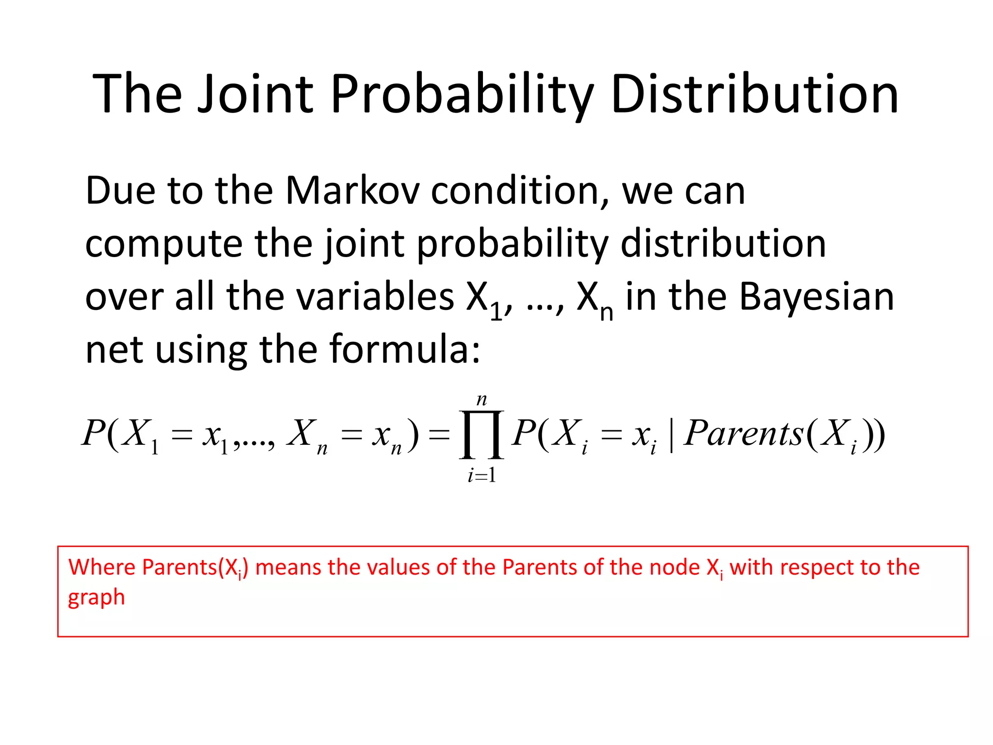 Conditional IndependenceThe Markov condition: given its parents (P1, P2),a node (X) is conditionally independent of its non-descendants (ND1, ND2)P1P2XND2ND1C1C2