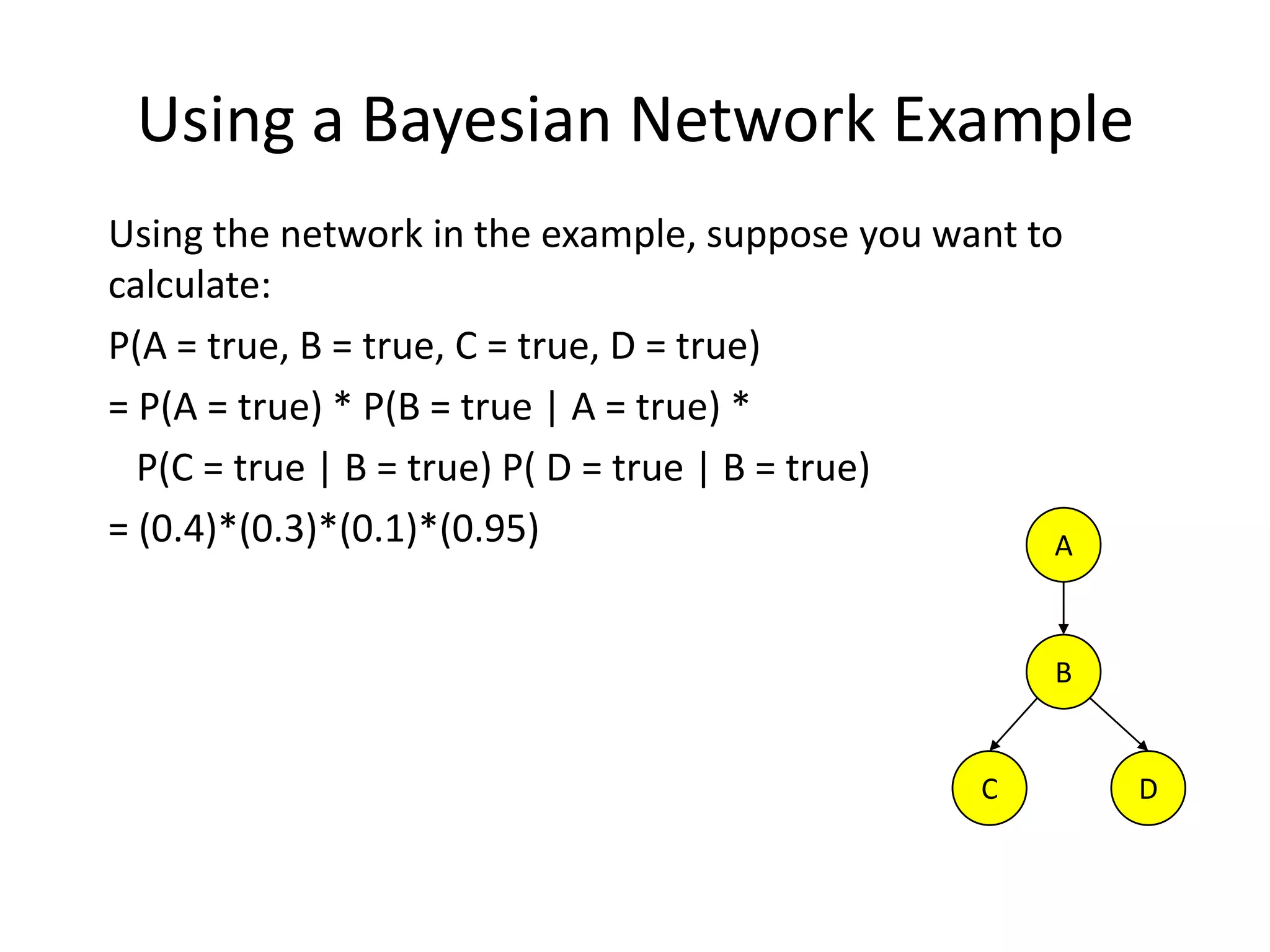The Joint Probability DistributionDue to the Markov condition, we can compute the joint probability distribution over all the variables X1, …, Xn in the Bayesian net using the formula:Where Parents(Xi) means the values of the Parents of the node Xi with respect to the graph 