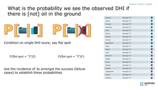 What is the probability we see the observed DHI if
there is [not] oil in the ground
Bayesian inversion, page 9
Success Flat spot=“4”
Victory Flat spot=“3”
Triumph Flat spot=“5”
Sensation Flat spot=“2”
Glory Flat spot=“4”
Riches Flat spot=“1”
Fortune Flat spot=“5”
Fortuity Flat spot=“3”
Serendipity Flat spot=“2”
Fluke Flat spot=“1”
Failure Flat spot=“4”
Loser Flat spot=“2”
Write-off Flat spot=“3”
Defeat Flat spot=“4”
Fiasco Flat spot=“2”
Debacle Flat spot=“1”
Blunder Flat spot=“3”
Catastrophe Flat spot=“2”
Turnip Flat spot=“3”
Washout Flat spot=“1”
X
X
X
X
X
X
X
X
X
X
X
Condition on single DHI score, say flat spot
𝑃(flat spot = "3"|𝑆) 𝑃(flat spot = "3"|𝐹)
Use the incidence of 3s amongst the success (failure
cases) to establish these probabilities
 