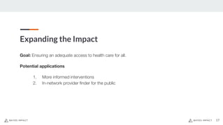 Expanding the Impact
17
Goal: Ensuring an adequate access to health care for all.
Potential applications
1. More informed interventions
2. In-network provider finder for the public
 