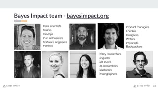 Policy researchers
Linguists
Cat lovers
UX researchers
Gardeners
Photographers
Data scientists
Sailors
DevOps
Pun enthusiasts
Software engineers
Pianists
Product managers
Foodies
Designers
Writers
Physicists
Backpackers
Bayes Impact team - bayesimpact.org
23
 