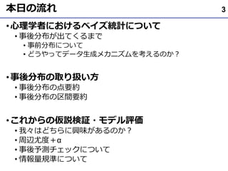 本日の流れ
•心理学者におけるベイズ統計について
• 事後分布が出てくるまで
• 事前分布について
• どうやってデータ生成メカニズムを考えるのか？
•事後分布の取り扱い方
• 事後分布の点要約
• 事後分布の区間要約
•これからの仮説検証・モデル評価
• 我々はどちらに興味があるのか？
• 周辺尤度＋α
• 事後予測チェックについて
• 情報量規準について
3
 