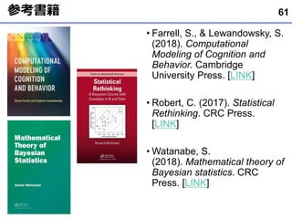 参考書籍
• Farrell, S., & Lewandowsky, S.
(2018). Computational
Modeling of Cognition and
Behavior. Cambridge
University Press. [LINK]
• Robert, C. (2017). Statistical
Rethinking. CRC Press.
[LINK]
• Watanabe, S.
(2018). Mathematical theory of
Bayesian statistics. CRC
Press. [LINK]
61
 