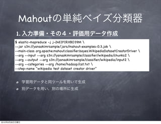 Mahout
                1.
                $ elastic-mapreduce -j j-24EIFIRXBO39M 
                --jar s3n://yanaokimrsample/jars/mahout-examples-0.3.job 
                --main-class org.apache.mahout.classiﬁer.bayes.WikipediaDatasetCreatorDriver 
                --arg --input --arg s3n://yanaokimrsample/classiﬁer/wikipedia/chunks2 
                --arg --output --arg s3n://yanaokimrsample/classiﬁer/wikipedia/input2 
                --arg --categories --arg /home/hadoop/cat.txt 
                --step-name "wikipedia test dataset creator driver"




2010   9   26
 