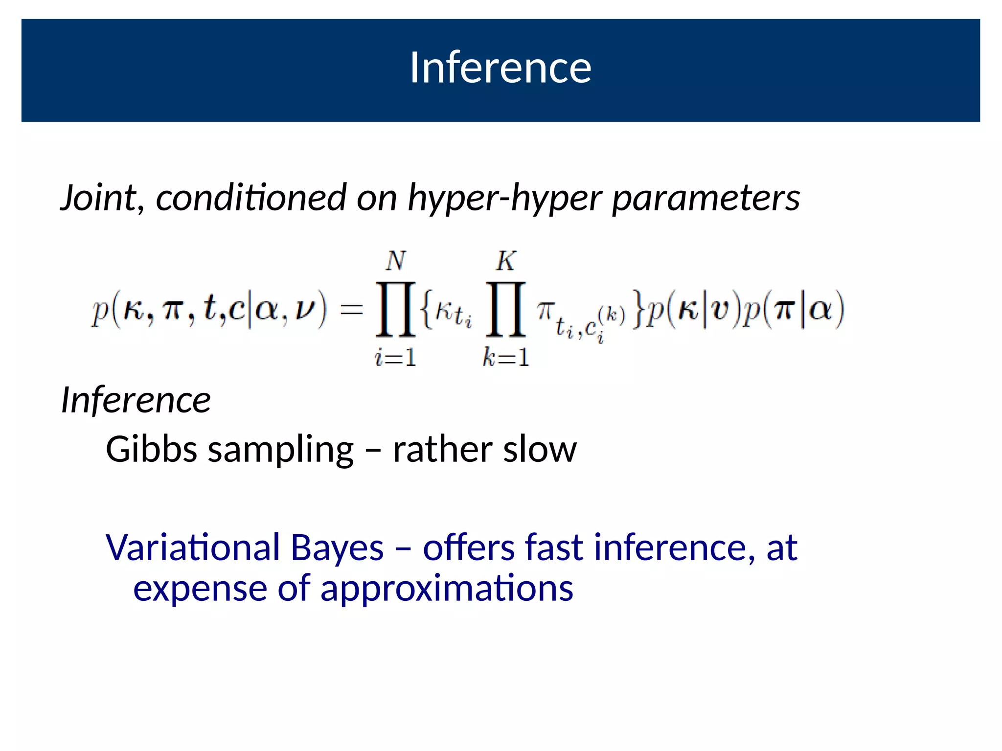 Joint, condi
oned on hyper-hyper parameters
Inference
Gibbs sampling – rather slow
Variaonal Bayes – o;ers fast inference, at
expense of approximaons
Inference
 