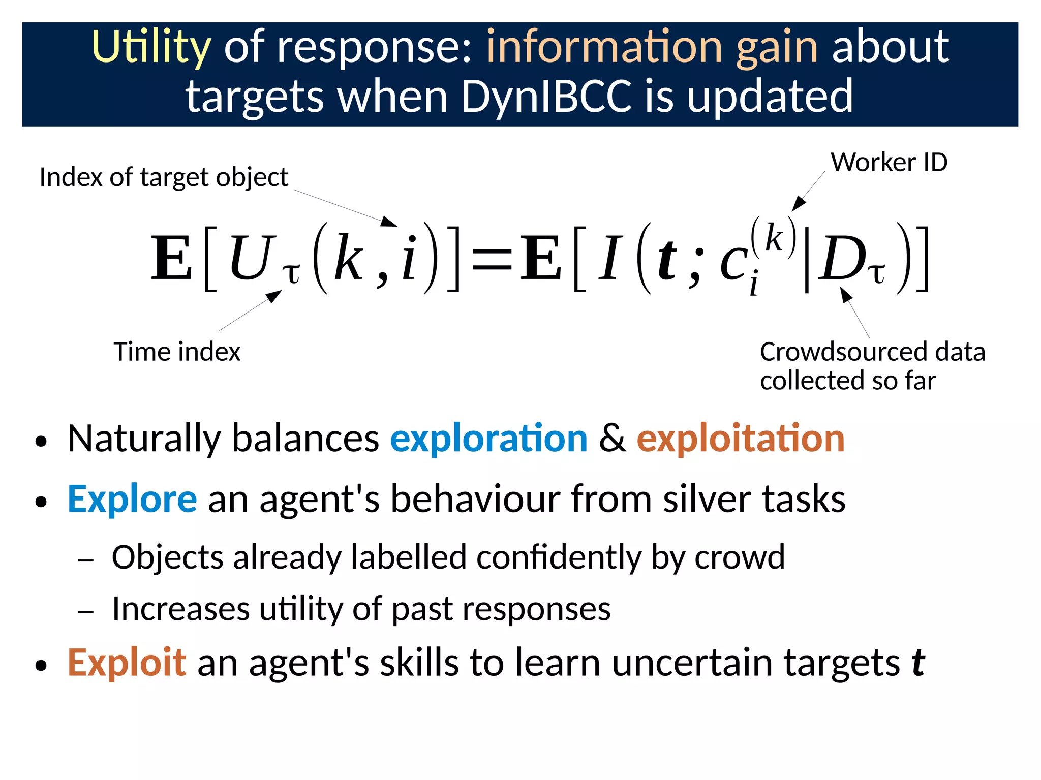 Ulity of response: informaon gain about
targets when DynIBCC is updated
● Naturally balances exploraon  exploitaon
● Explore an agent's behaviour from silver tasks
– Objects already labelled conCdently by crowd
– Increases ulity of past responses
● Exploit an agent's skills to learn uncertain targets t
E[U τ (k ,i)]=E[ I (t ; ci
(k)
∣Dτ )]
Index of target object
Worker ID
Crowdsourced data
collected so far
Time index
 