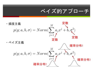 ベイズ的アプローチ
・頻度主義
・ベイズ主義
定数
定数
定数
確率分布!
確率分布!
確率分布!
 