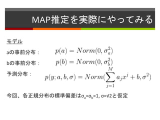 MAP推定を実際にやってみる
モデル
aの事前分布：
bの事前分布：
予測分布：
今回、各正規分布の標準偏差はσa=σb=1, σ=√2と仮定
 