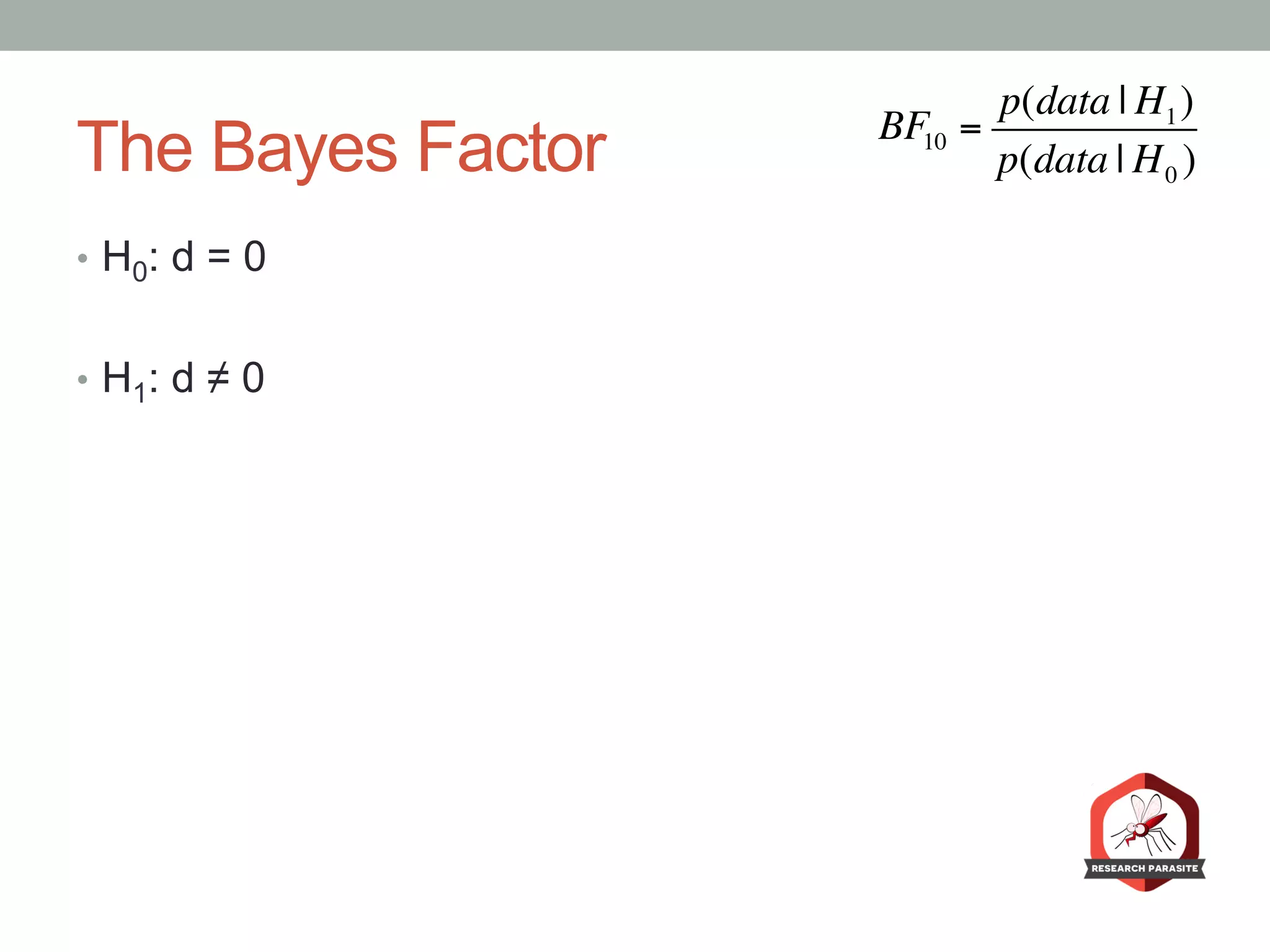 The Bayes Factor
•  H0: d = 0
•  H1: d ≠ 0
BF10 =
p(data | H1)
p(data | H0 )
 