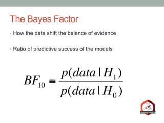 The Bayes Factor
•  How the data shift the balance of evidence
•  Ratio of predictive success of the models
BF10 =
p(data | H1)
p(data | H0 )
 