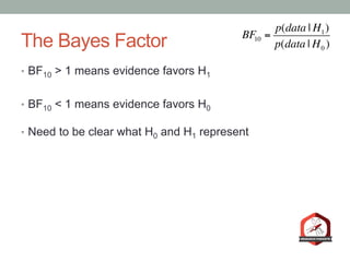 The Bayes Factor
•  BF10 > 1 means evidence favors H1
•  BF10 < 1 means evidence favors H0
•  Need to be clear what H0 and H1 represent
BF10 =
p(data | H1)
p(data | H0 )
 