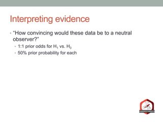 Interpreting evidence
•  “How convincing would these data be to a neutral
observer?”
•  1:1 prior odds for H1 vs. H0
•  50% prior probability for each
 