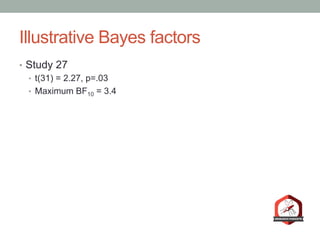 Illustrative Bayes factors
•  Study 27
•  t(31) = 2.27, p=.03
•  Maximum BF10 = 3.4
 