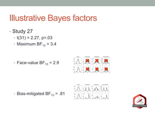 Illustrative Bayes factors
•  Study 27
•  t(31) = 2.27, p=.03
•  Maximum BF10 = 3.4
•  Face-value BF10 = 2.9
•  Bias-mitigated BF10 = .81
 