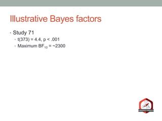 Illustrative Bayes factors
•  Study 71
•  t(373) = 4.4, p < .001
•  Maximum BF10 = ~2300
 
