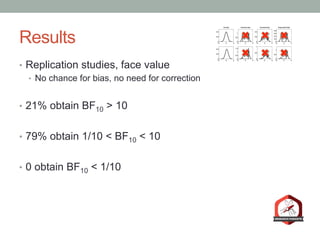 Results
•  Replication studies, face value
•  No chance for bias, no need for correction
•  21% obtain BF10 > 10
•  79% obtain 1/10 < BF10 < 10
•  0 obtain BF10 < 1/10
 