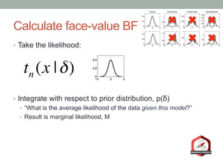 Calculate face-value BF
•  Take the likelihood:
•  Integrate with respect to prior distribution, p(δ)
•  “What is the average likelihood of the data given this model?”
•  Result is marginal likelihood, M
tn (x |δ)
 