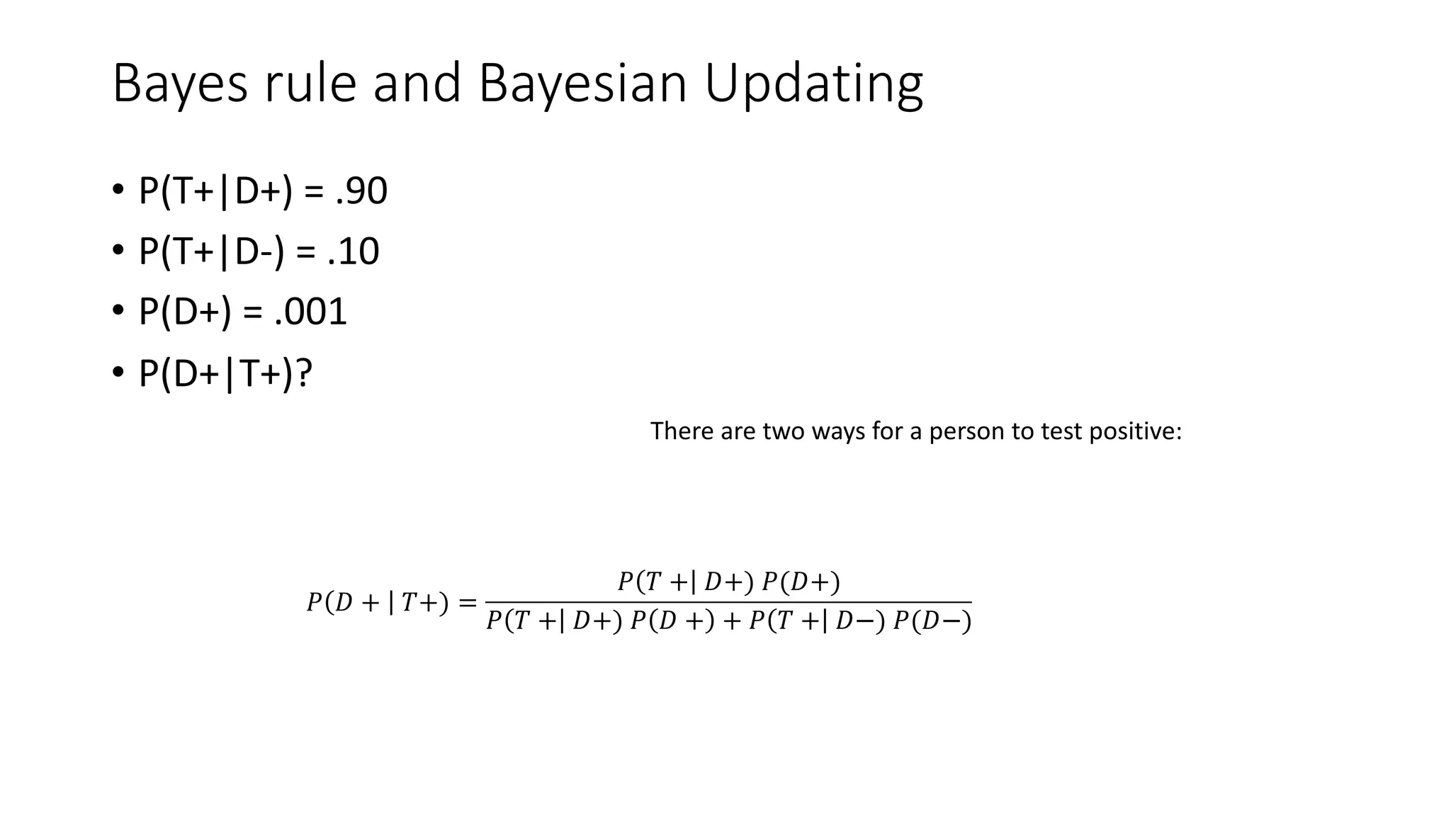 Bayes rule and Bayesian Updating
𝑃 𝐷 + 𝑇+) =
𝑃 𝑇 + 𝐷+) 𝑃(𝐷+)
𝑃 𝑇 + 𝐷+) 𝑃 𝐷 + + 𝑃 𝑇 + 𝐷−) 𝑃(𝐷−)
There are two ways for a person to test positive:
• P(T+|D+) = .90
• P(T+|D-) = .10
• P(D+) = .001
• P(D+|T+)?
 