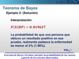 Teorema de Bayes
Ejemplo 2: (Solución)
Interpretación:
𝑷 𝑺í 𝑹𝑷 = 𝟎. 𝟎𝟏𝟗𝟔𝟐𝟕
La probabilidad de que una persona que
obtuvo un resultado positivo en esa
prueba, realmente padezca la enfermedad
es menor al 2% (1.96%).
𝑻𝒆𝒐𝒓𝒆𝒎𝒂 𝒅𝒆 𝑩𝒂𝒚𝒆𝒔: 𝑷𝒆𝒓𝒎𝒊𝒕𝒆 𝒄𝒂𝒍𝒄𝒖𝒍𝒂𝒓 𝒍𝒂 𝒑𝒓𝒐𝒃𝒂𝒃𝒊𝒍𝒊𝒅𝒂𝒅 𝒅𝒆 𝒍𝒂𝒔 𝒄𝒂𝒖𝒔𝒂𝒔
𝒂 𝒑𝒂𝒓𝒕𝒊𝒓 𝒅𝒆 𝒍𝒐𝒔 𝒆𝒇𝒆𝒄𝒕𝒐𝒔 𝒐𝒃𝒔𝒆𝒓𝒗𝒂𝒅𝒐𝒔.
 