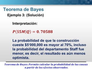 Teorema de Bayes
Ejemplo 3: (Solución)
Interpretación:
𝑷 $𝟓𝑴 𝑸 = 𝟎. 𝟕𝟎𝟓𝟖𝟖
La probabilidad de que la construcción
cueste $5‘000,000 es mayor al 70%, incluso
la probabilidad del departamento Staff fue
menor, es decir, el resultado es aún menos
optimista.
𝑻𝒆𝒐𝒓𝒆𝒎𝒂 𝒅𝒆 𝑩𝒂𝒚𝒆𝒔: 𝑷𝒆𝒓𝒎𝒊𝒕𝒆 𝒄𝒂𝒍𝒄𝒖𝒍𝒂𝒓 𝒍𝒂 𝒑𝒓𝒐𝒃𝒂𝒃𝒊𝒍𝒊𝒅𝒂𝒅 𝒅𝒆 𝒍𝒂𝒔 𝒄𝒂𝒖𝒔𝒂𝒔
𝒂 𝒑𝒂𝒓𝒕𝒊𝒓 𝒅𝒆 𝒍𝒐𝒔 𝒆𝒇𝒆𝒄𝒕𝒐𝒔 𝒐𝒃𝒔𝒆𝒓𝒗𝒂𝒅𝒐𝒔.
 