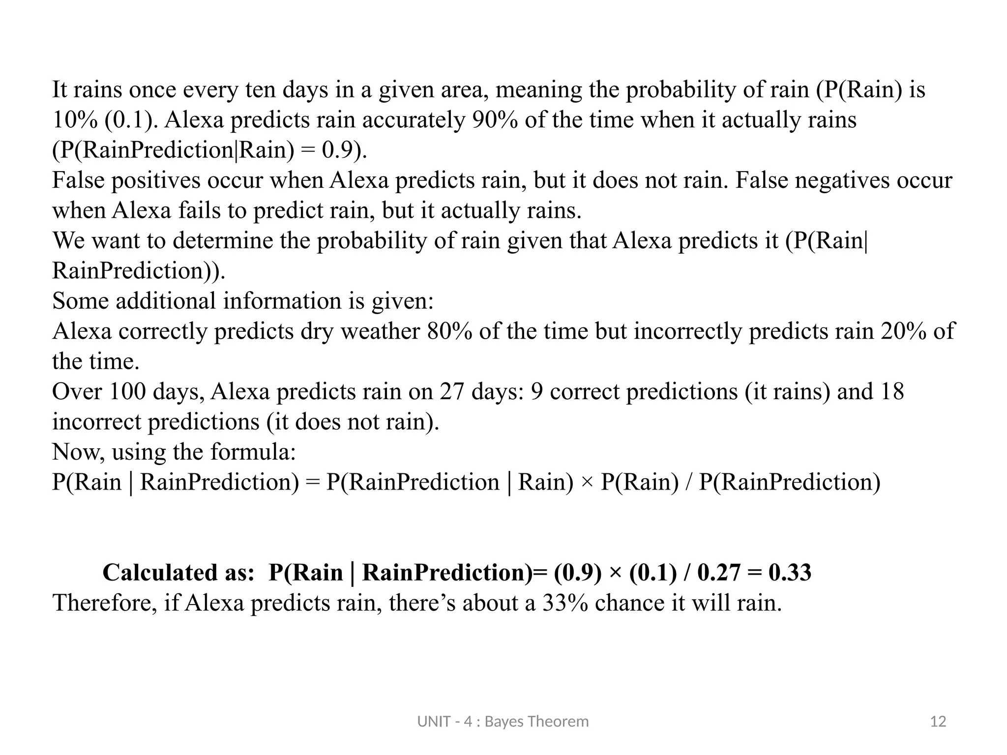 UNIT - 4 : Bayes Theorem 12
It rains once every ten days in a given area, meaning the probability of rain (P(Rain) is
10% (0.1). Alexa predicts rain accurately 90% of the time when it actually rains
(P(RainPrediction|Rain) = 0.9).
False positives occur when Alexa predicts rain, but it does not rain. False negatives occur
when Alexa fails to predict rain, but it actually rains.
We want to determine the probability of rain given that Alexa predicts it (P(Rain|
RainPrediction)).
Some additional information is given:
Alexa correctly predicts dry weather 80% of the time but incorrectly predicts rain 20% of
the time.
Over 100 days, Alexa predicts rain on 27 days: 9 correct predictions (it rains) and 18
incorrect predictions (it does not rain).
Now, using the formula:
P(Rain RainPrediction) = P(RainPrediction Rain) × P(Rain) / P(RainPrediction)
∣ ∣
Calculated as: P(Rain RainPrediction)= (0.9) × (0.1) / 0.27 = 0.33
∣
Therefore, if Alexa predicts rain, there’s about a 33% chance it will rain.
 