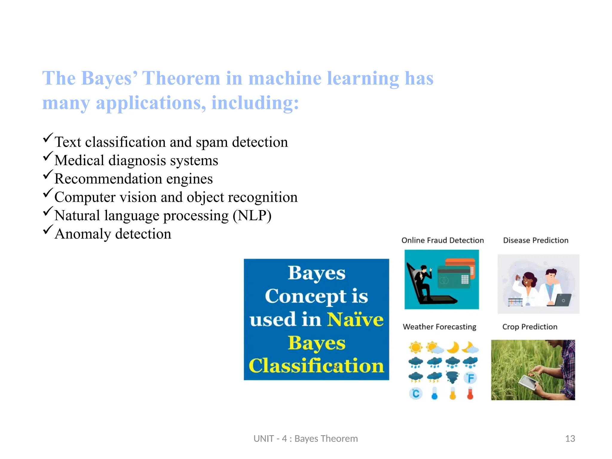 UNIT - 4 : Bayes Theorem 13
The Bayes’ Theorem in machine learning has
many applications, including:
Text classification and spam detection
Medical diagnosis systems
Recommendation engines
Computer vision and object recognition
Natural language processing (NLP)
Anomaly detection
 