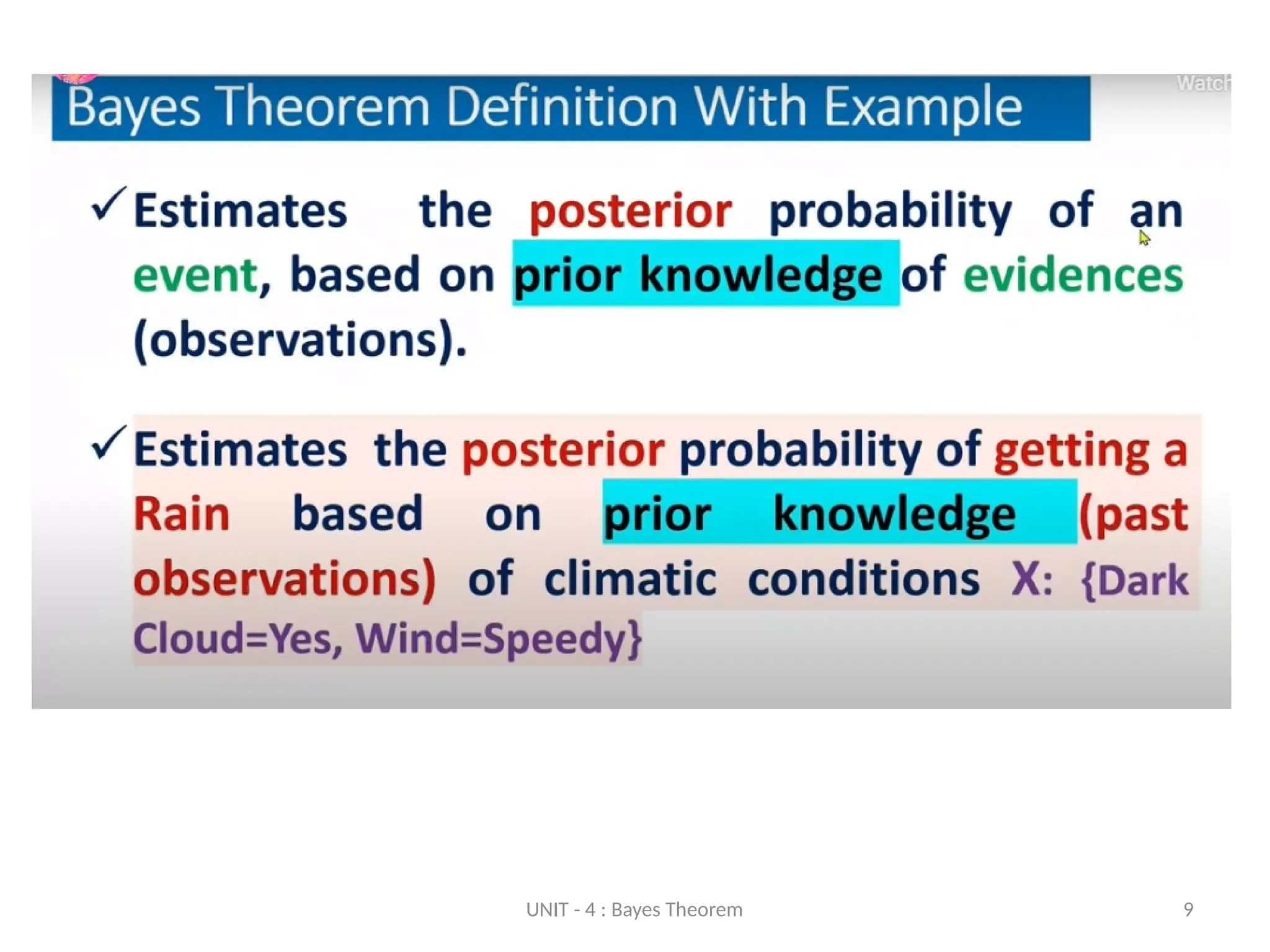UNIT - 4 : Bayes Theorem 9
 