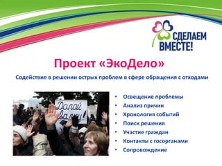 Проект «ЭкоДело»
Содействие в решении острых проблем в сфере обращения с отходами


                                •   Освещение проблемы
                                •   Анализ причин
                                •   Хронология событий
                                •   Поиск решения
                                •   Участие граждан
                                •   Контакты с госорганами
                                •   Сопровождение
 