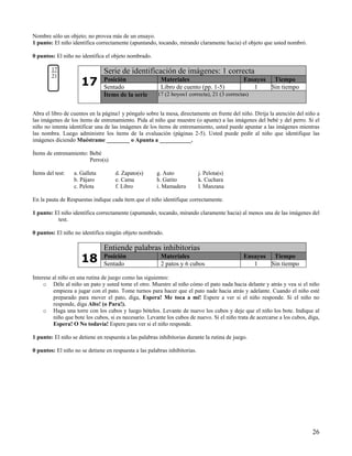 26
Nombre sólo un objeto; no provea más de un ensayo.
1 punto: El niño identifica correctamente (apuntando, tocando, mirando claramente hacia) el objeto que usted nombró.
0 puntos: El niño no identifica el objeto nombrado.
Serie de identificación de imágenes: 1 correcta
Posición Materiales Ensayos Tiempo
Sentado Libro de cuento (pp. 1-5) 1 Sin tiempo
17
21
17
Ítems de la serie 17 (2 hoyos1 correcta), 21 (3 correctas)
Abra el libro de cuentos en la página1 y póngalo sobre la mesa, directamente en frente del niño. Dirija la atención del niño a
las imágenes de los ítems de entrenamiento. Pida al niño que muestre (o apunte) a las imágenes del bebé y del perro. Si el
niño no intenta identificar una de las imágenes de los ítems de entrenamiento, usted puede apuntar a las imágenes mientras
las nombra. Luego administre los ítems de la evaluación (páginas 2-5). Usted puede pedir al niño que identifique las
imágenes diciendo Muéstrame ________ o Apunta a ___________.
Ítems de entrenamiento: Bebé
Perro(s)
Ítems del test: a. Galleta d. Zapato(s) g. Auto j. Pelota(s)
b. Pájaro e. Cama h. Gatito k. Cuchara
c. Pelota f. Libro i. Mamadera l. Manzana
En la pauta de Respuestas indique cada ítem que el niño identifique correctamente.
1 punto: El niño identifica correctamente (apuntando, tocando, mirando claramente hacia) al menos una de las imágenes del
test.
0 puntos: El niño no identifica ningún objeto nombrado.
Entiende palabras inhibitorias
Posición Materiales Ensayos Tiempo
18 Sentado 2 patos y 6 cubos 1 Sin tiempo
Interese al niño en una rutina de juego como las siguientes:
o Déle al niño un pato y usted tome el otro. Muestre al niño cómo el pato nada hacia delante y atrás y vea si el niño
empieza a jugar con el pato. Tome turnos para hacer que el pato nade hacia atrás y adelante. Cuando el niño esté
preparado para mover el pato, diga, Espera! Me toca a mí! Espere a ver si el niño responde. Si el niño no
responde, diga Alto! (o Para!).
o Haga una torre con los cubos y luego bótelos. Levante de nuevo los cubos y deje que el niño los bote. Indique al
niño que bote los cubos, si es necesario. Levante los cubos de nuevo. Si el niño trata de acercarse a los cubos, diga,
Espera! O No todavía! Espere para ver si el niño responde.
1 punto: El niño se detiene en respuesta a las palabras inhibitorias durante la rutina de juego.
0 puntos: El niño no se detiene en respuesta a las palabras inhibitorias.
 