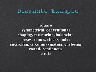 Diamante Example square symmetrical, conventional shaping, measuring, balancing boxes, rooms, clocks, halos encircling, circumnavigating, enclosing round, continuous circle 