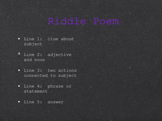 Riddle Poem Line 1:  clue about subject Line 2:  adjective and noun Line 3:  two actions connected to subject Line 4:  phrase or statement Line 5:  answer 