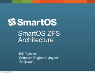 SmartOS ZFS
                          Architecture
                          Bill Pijewski
                          Software Engineer, Joyent
                          @pijewski

Friday, August 17, 2012
 